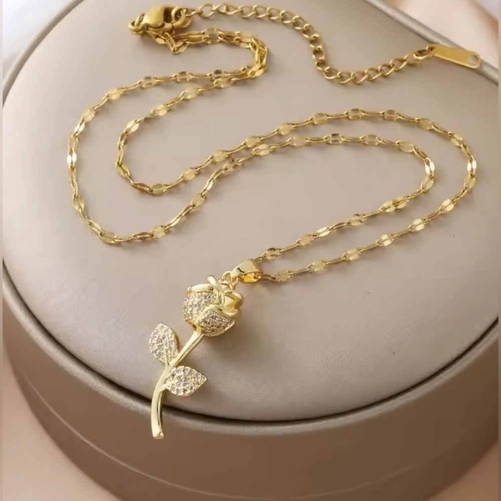 18K Gold Rose Flower Long Stem With Pave Diamond Inlay Pendant Necklace - Picture 4 of 5